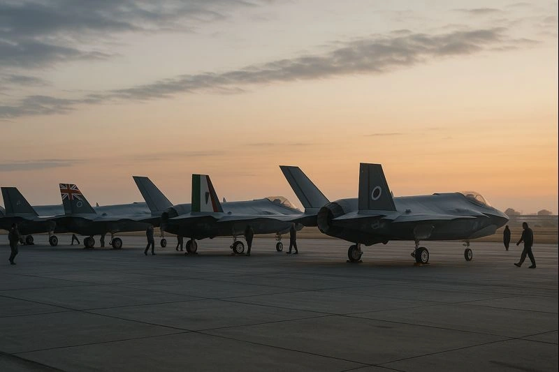 Lineup of F-35 Lightning II jets on tarmac featuring flags of allied operators like USA, UK, Italy, and Japan