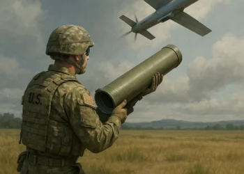 A US soldier preparing to launch a Switchblade 600 loitering munition from a portable tube launcher in a field environment.