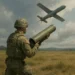 A US soldier preparing to launch a Switchblade 600 loitering munition from a portable tube launcher in a field environment.