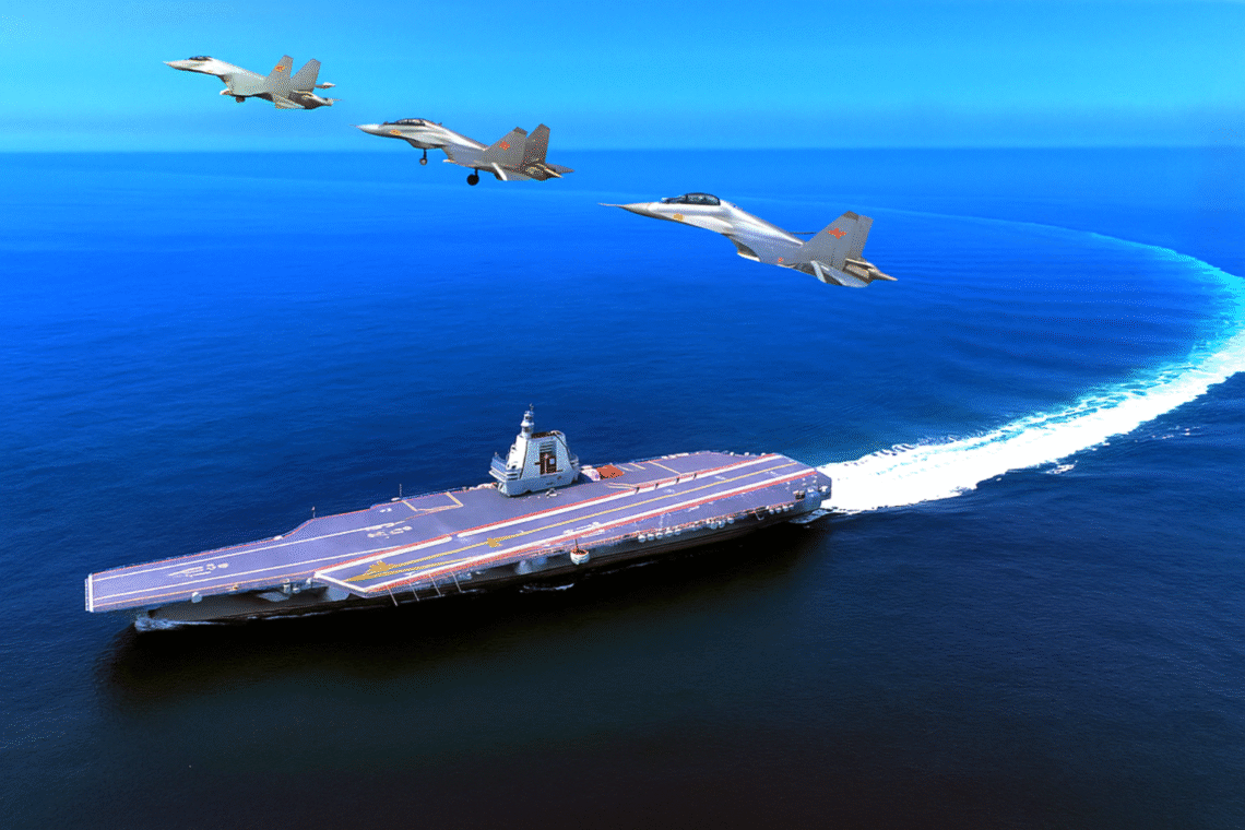 Aerial view of a Chinese Liaoning or Shandong aircraft carrier sailing at sea with several J-15 fighter jets flying overhead in formation