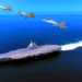 Aerial view of a Chinese Liaoning or Shandong aircraft carrier sailing at sea with several J-15 fighter jets flying overhead in formation