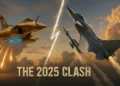 Split-screen comparison of Dassault Rafale and Chengdu J-10C fighter jets depicting BVR missile capabilities