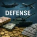 Editorial illustration representing US defense spending: stacks of 100 dollar bills and gold coins surrounding an M1 Abrams tank, F-35 Lightning II fighter jet, and a military drone with the text DEFENSE