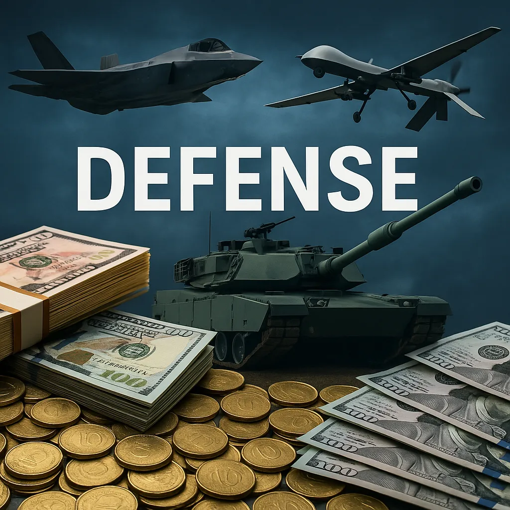 Editorial illustration representing US defense spending: stacks of 100 dollar bills and gold coins surrounding an M1 Abrams tank, F-35 Lightning II fighter jet, and a military drone with the text DEFENSE