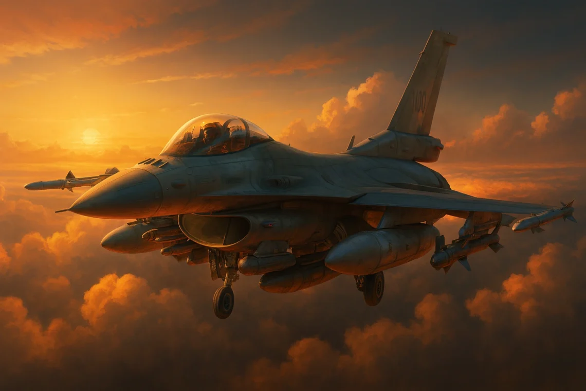 A heavily armed F-16 Block 70 Viper fighter jet in flight demonstrating its new AESA radar capabilities.