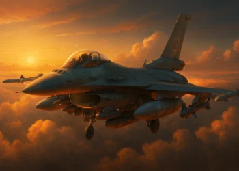 A heavily armed F-16 Block 70 Viper fighter jet in flight demonstrating its new AESA radar capabilities.