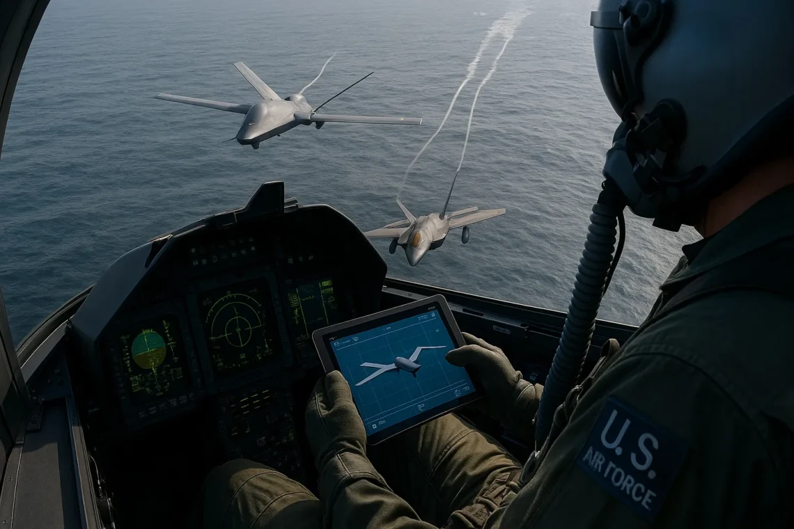 A USAF F-22 Raptor fighter jet flying alongside an autonomous MQ-20 Avenger drone during a Manned-Unmanned Teaming test.