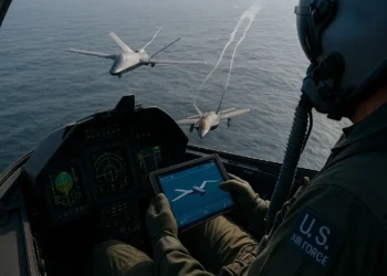 A USAF F-22 Raptor fighter jet flying alongside an autonomous MQ-20 Avenger drone during a Manned-Unmanned Teaming test.