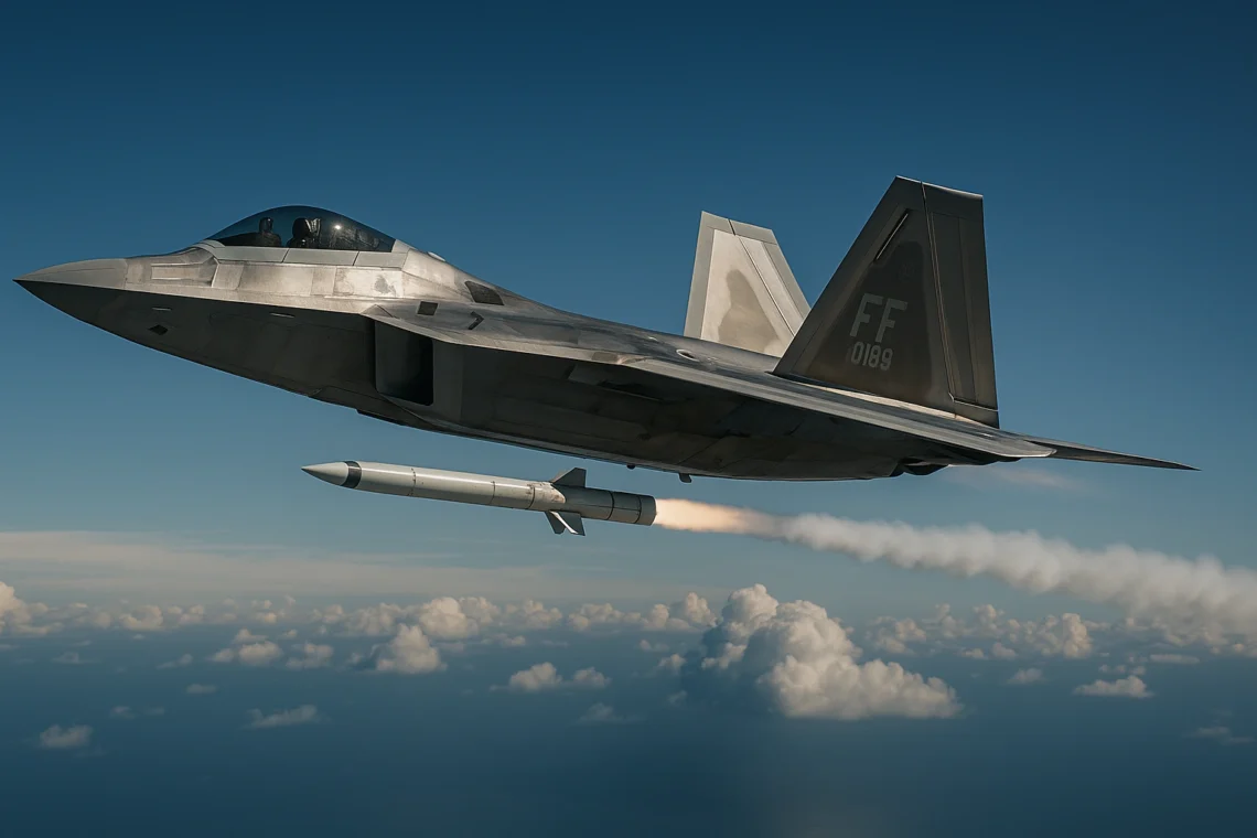 A US Air Force F-22 Raptor stealth fighter jet flying at supersonic speed, showcasing its metallic stealth coating.