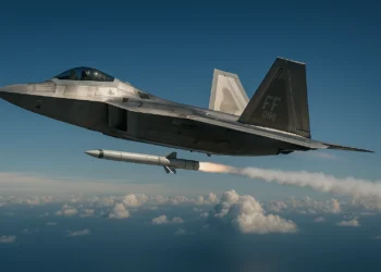 A US Air Force F-22 Raptor stealth fighter jet flying at supersonic speed, showcasing its metallic stealth coating.