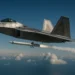 A US Air Force F-22 Raptor stealth fighter jet flying at supersonic speed, showcasing its metallic stealth coating.