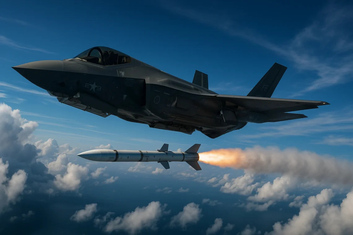US Air Force F-35 stealth fighter firing a Raytheon AIM-120D AMRAAM missile from its internal weapons bay during aerial combat.