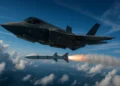 US Air Force F-35 stealth fighter firing a Raytheon AIM-120D AMRAAM missile from its internal weapons bay during aerial combat.