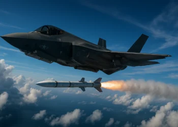 US Air Force F-35 stealth fighter firing a Raytheon AIM-120D AMRAAM missile from its internal weapons bay during aerial combat.
