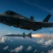 US Air Force F-35 stealth fighter firing a Raytheon AIM-120D AMRAAM missile from its internal weapons bay during aerial combat.