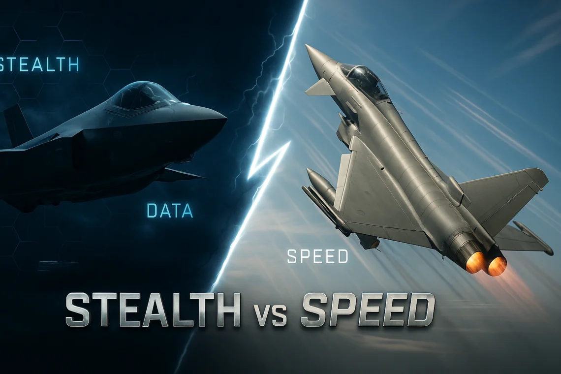 Side-by-side comparison of F-35 Lightning II stealth fighter and Eurofighter Typhoon jet representing stealth vs speed capabilities