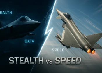 Side-by-side comparison of F-35 Lightning II stealth fighter and Eurofighter Typhoon jet representing stealth vs speed capabilities