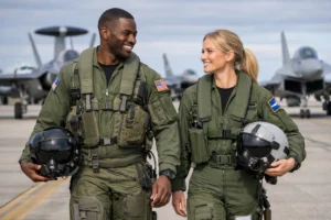 A confident male F-35 pilot and a female Eurofighter pilot walking side-by-side on a NATO runway, with F-35 Lightning II and Eurofighter Typhoon fighter jets parked in the background, illustrating the 5th gen vs 4.5 gen aircraft comparison.