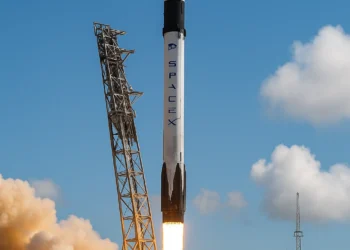 Falcon 9 rocket launching Sentinel-6B from Vandenberg Space Force Base. SpaceX 500th mission.