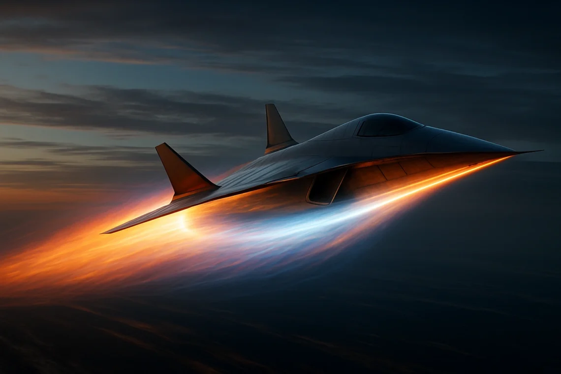 Plasma-shielded hypersonic vehicle illustration with advanced propulsion systems.