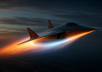 Plasma-shielded hypersonic vehicle illustration with advanced propulsion systems.