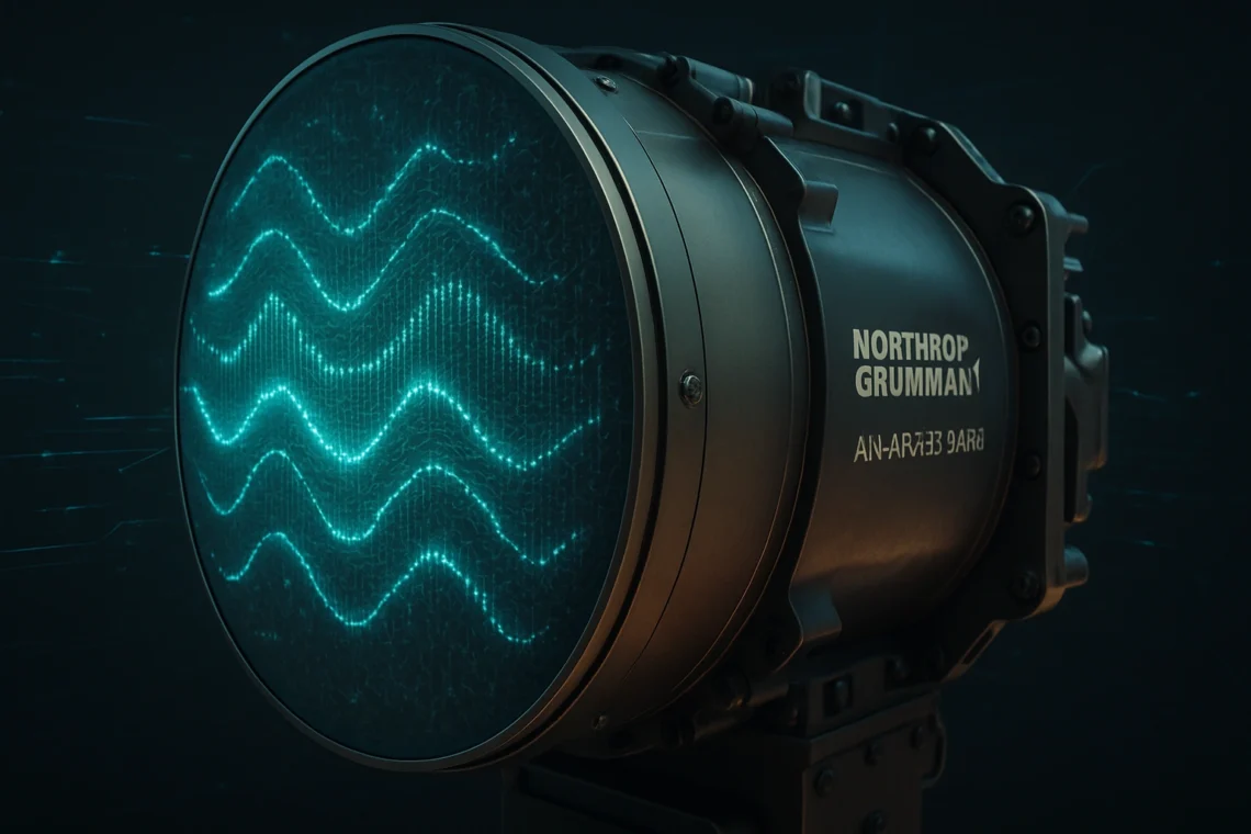 Close-up view of the Northrop Grumman AN/APG-83 SABR AESA radar antenna array showing solid-state transmit/receive modules.
