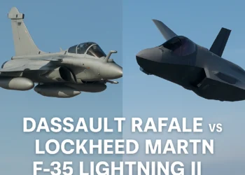 Side by side comparison of heavy payload Dassault Rafale and stealth F-35 Lightning II fighter jets