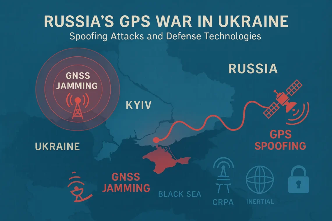 Map illustration showing Russia's GPS jamming and spoofing zones in Ukraine and the Black Sea. Icons represent defensive technologies like CRPA antennas and Inertial Navigation Systems countering the electronic warfare threats.