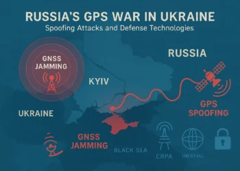 Map illustration showing Russia's GPS jamming and spoofing zones in Ukraine and the Black Sea. Icons represent defensive technologies like CRPA antennas and Inertial Navigation Systems countering the electronic warfare threats.