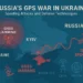 Map illustration showing Russia's GPS jamming and spoofing zones in Ukraine and the Black Sea. Icons represent defensive technologies like CRPA antennas and Inertial Navigation Systems countering the electronic warfare threats.