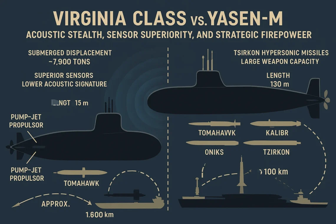 Infographic comparing US Navy Virginia-class and Russian Yasen-M submarines. Highlights Virginia's pump-jet propulsor, acoustic stealth, and Tomahawk range (1,600 km) versus Yasen-M's larger size, Tsirkon hypersonic missiles, Kalibr, and Oniks loadout.