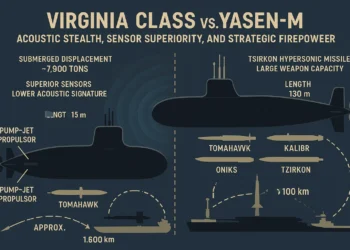 Infographic comparing US Navy Virginia-class and Russian Yasen-M submarines. Highlights Virginia's pump-jet propulsor, acoustic stealth, and Tomahawk range (1,600 km) versus Yasen-M's larger size, Tsirkon hypersonic missiles, Kalibr, and Oniks loadout.
