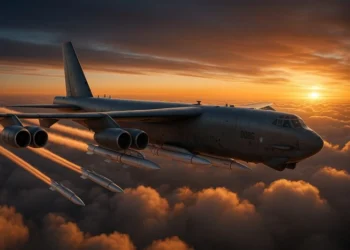 USAF B-52J Stratofortress bomber flying with new Rolls-Royce engines and hypersonic missiles