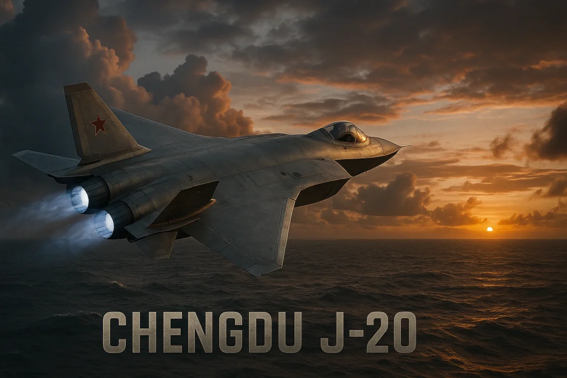 Chengdu J-20 Mighty Dragon stealth fighter flying over ocean showcasing canard delta wing configuration