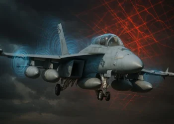 US Navy EA-18G Growler electronic warfare aircraft emitting jamming signals to blind enemy radar systems.