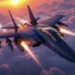 F-15 Eagle fighter jet flying over clouds at sunset with full weapon loadout