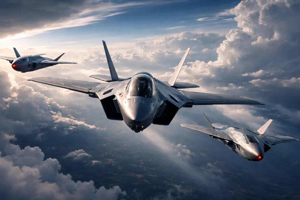 F-35 Lightning II flying with XQ-58A Valkyrie loyal wingman drones.