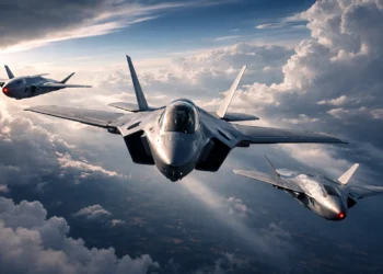 F-35 Lightning II flying with XQ-58A Valkyrie loyal wingman drones.