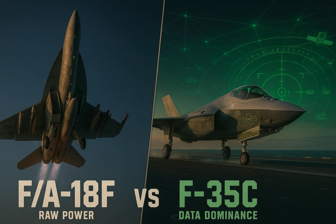 F/A-18F Super Hornet launching from carrier deck vs F-35C Lightning II waiting