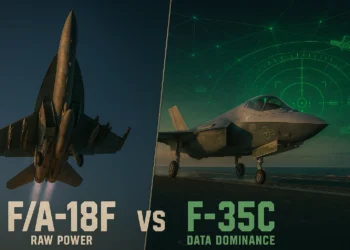 F/A-18F Super Hornet launching from carrier deck vs F-35C Lightning II waiting