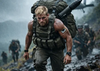 A US Special Forces soldier during the hardest military training, carrying a heavy rucksack on a grueling ruck march in the rain.