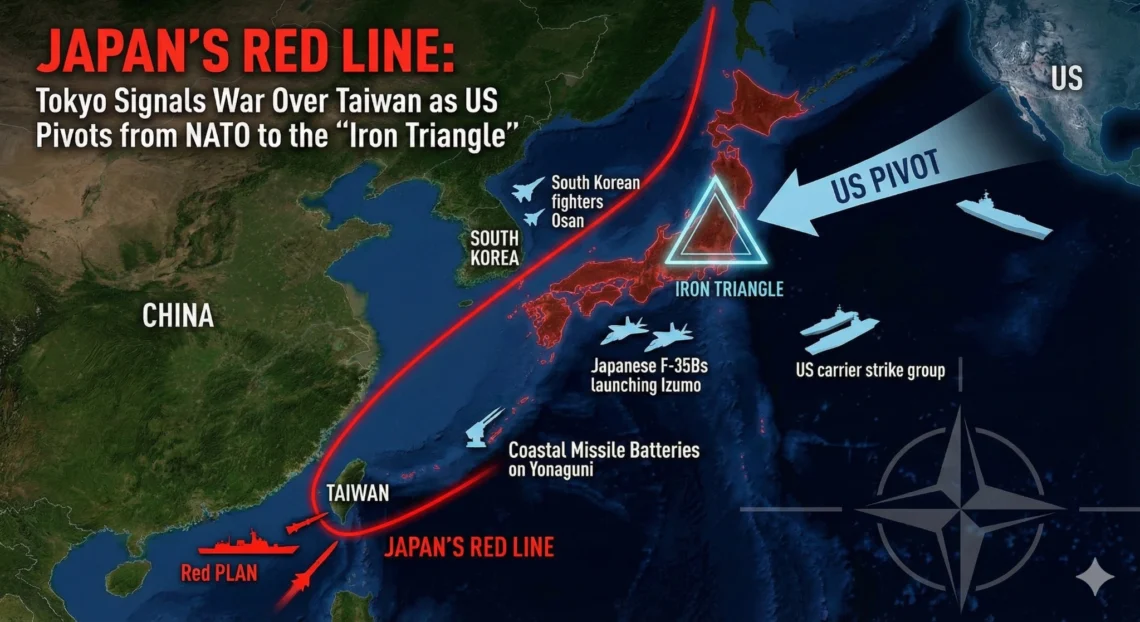A geopolitical map illustrating Japan's declared 'Red Line' to defend Taiwan against China (PLAN). It highlights the US strategic pivot from NATO to the Indo-Pacific, forming an 'Iron Triangle' alliance with Japan and South Korea. Key elements include Japanese F-35Bs on the Izumo carrier, coastal missile batteries on Yonaguni Island, South Korean fighters at Osan airbase, and a US Carrier Strike Group, all positioned to counter Chinese naval movements near Taiwan.