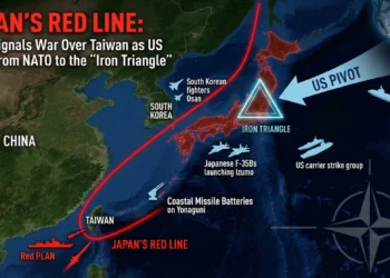A geopolitical map illustrating Japan's declared 'Red Line' to defend Taiwan against China (PLAN). It highlights the US strategic pivot from NATO to the Indo-Pacific, forming an 'Iron Triangle' alliance with Japan and South Korea. Key elements include Japanese F-35Bs on the Izumo carrier, coastal missile batteries on Yonaguni Island, South Korean fighters at Osan airbase, and a US Carrier Strike Group, all positioned to counter Chinese naval movements near Taiwan.