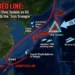 A geopolitical map illustrating Japan's declared 'Red Line' to defend Taiwan against China (PLAN). It highlights the US strategic pivot from NATO to the Indo-Pacific, forming an 'Iron Triangle' alliance with Japan and South Korea. Key elements include Japanese F-35Bs on the Izumo carrier, coastal missile batteries on Yonaguni Island, South Korean fighters at Osan airbase, and a US Carrier Strike Group, all positioned to counter Chinese naval movements near Taiwan.