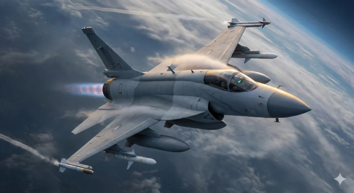High-altitude view of a Pakistan Air Force JF-17 Thunder Block 3 fighter jet executing a banking maneuver. The image clearly details the stealthy Diverterless Supersonic Inlets (DSI) and a full payload of PL-15 long-range BVR missiles under the wings, highlighting its 4.5-generation capabilities.
