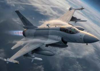 High-altitude view of a Pakistan Air Force JF-17 Thunder Block 3 fighter jet executing a banking maneuver. The image clearly details the stealthy Diverterless Supersonic Inlets (DSI) and a full payload of PL-15 long-range BVR missiles under the wings, highlighting its 4.5-generation capabilities.