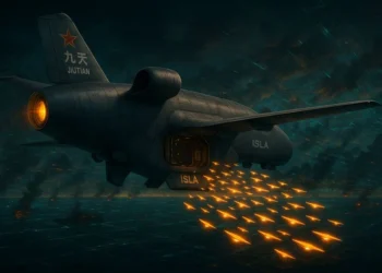 China's massive Jiutian SS-UAV deploying a swarm of smaller drones from its central mission bay