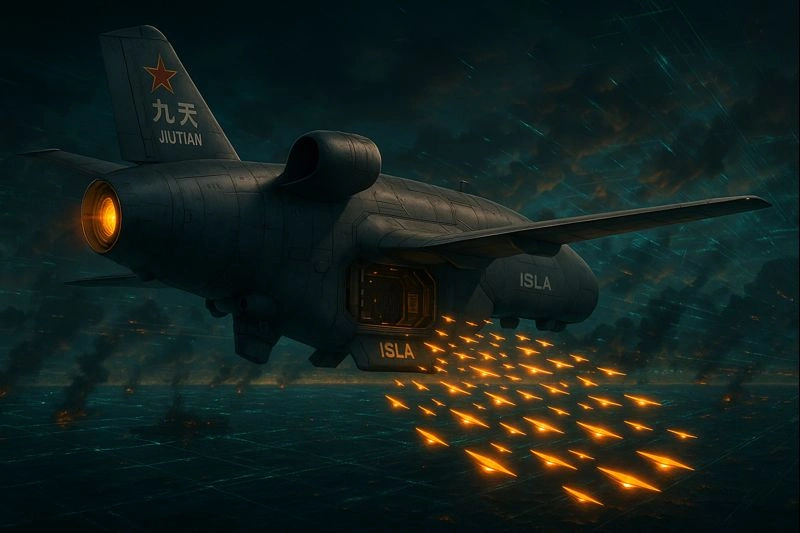 China's massive Jiutian SS-UAV deploying a swarm of smaller drones from its central mission bay