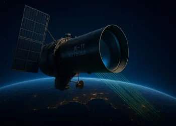 Illustration of the classified US KH-11 Keyhole reconnaissance satellite in orbit