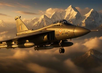 Indian Air Force LCA Tejas Mk-1A fighter jet soaring over the Himalayas, armed with indigenous Astra BVR missiles and equipped with an AESA radar nose cone.